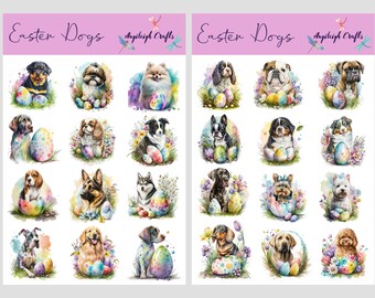 Pode incluir: Um conjunto de 20 adesivos digitais imprimíveis com ilustrações de aquarela de cães com ovos de Páscoa. Os cães são de várias raças e poses, incluindo um Rottweiler, Shih Tzu, Pomeranian, Beagle, Pastor Alemão, Husky, Dogue Alemão, Cavalier King Charles Spaniel, Yorkshire Terrier e um Poodle. Os adesivos são perfeitos para adicionar um toque de fantasia às suas manualidades e decorações de Páscoa.