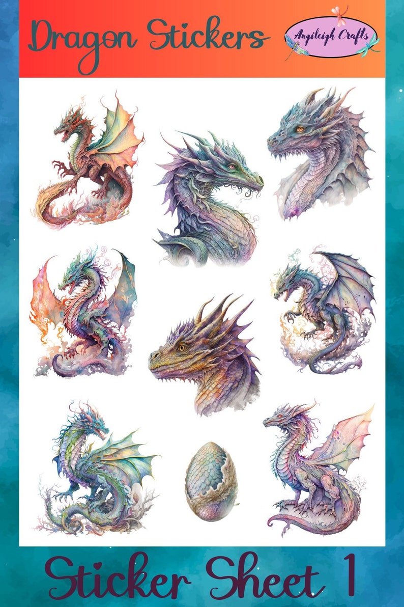 Peut inclure: Une feuille d'autocollants de dragons color&eacute;s. La feuille pr&eacute;sente neuf designs de dragons diff&eacute;rents, dont un &oelig;uf de dragon, ainsi que le texte "Dragon Stickers" et "Sticker Sheet 1".