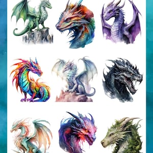 Peut inclure: Une feuille de 8 autocollants de dragons color&eacute;s. Les dragons sont peints dans un style aquarelle et ont des poses et des expressions diff&eacute;rentes. La feuille d'autocollants est intitul&eacute;e "Dragon Stickers" et "Sticker Sheet 7".
