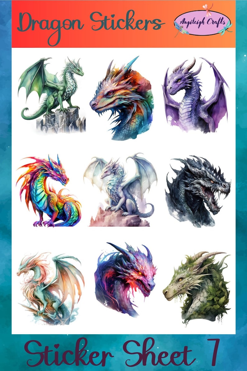 Peut inclure: Une feuille de 8 autocollants de dragons color&eacute;s. Les dragons sont peints dans un style aquarelle et ont des poses et des expressions diff&eacute;rentes. La feuille d'autocollants est intitul&eacute;e "Dragon Stickers" et "Sticker Sheet 7".