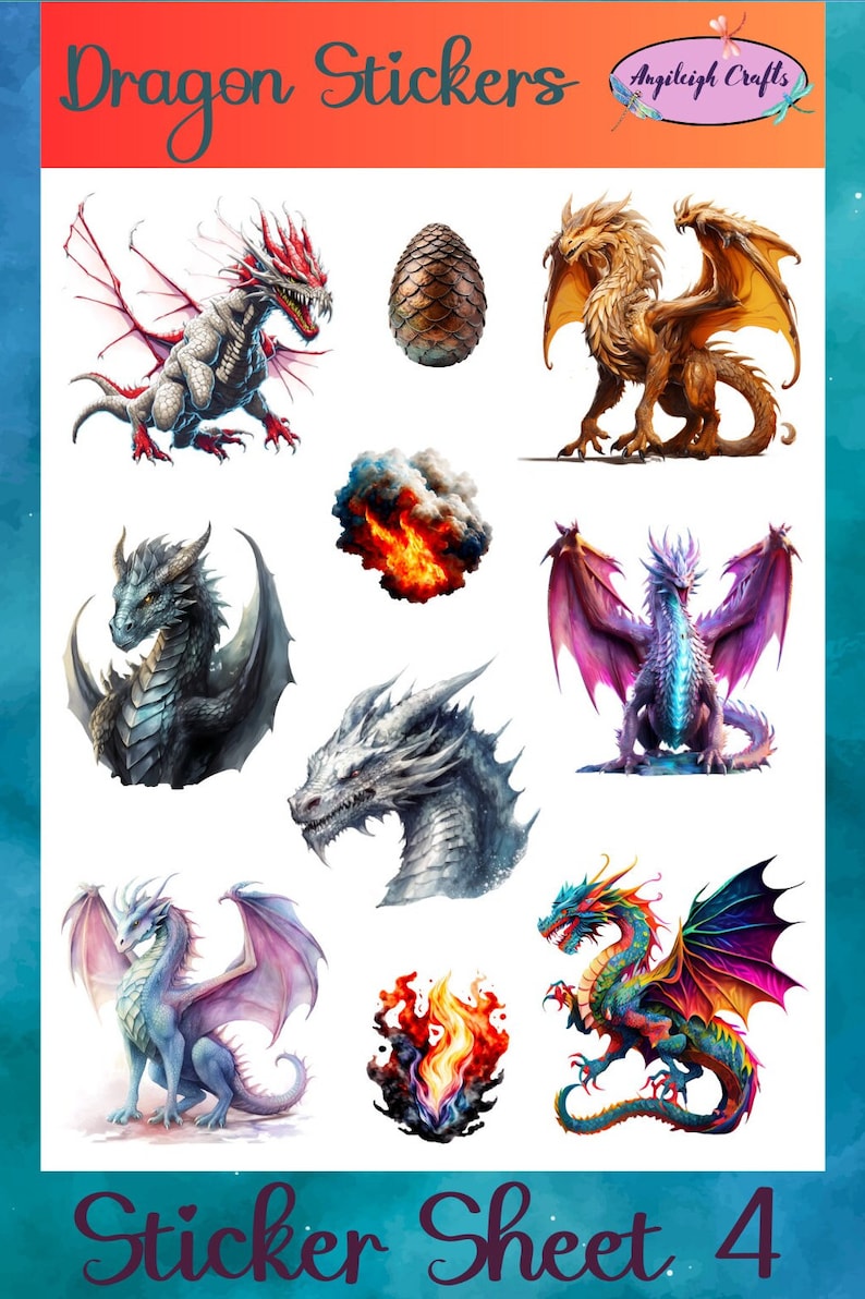 Peut inclure: Une feuille d'autocollants de dragons avec une vari&eacute;t&eacute; de dragons color&eacute;s, dont un dragon blanc avec des accents rouges, un dragon dor&eacute;, un dragon bleu avec des ailes roses, un dragon argent&eacute;, un dragon blanc avec des accents bleus, un dragon violet avec des ailes roses et un dragon bleu avec des ailes arc-en-ciel. La feuille comprend &eacute;galement un &oelig;uf de dragon et des flammes.