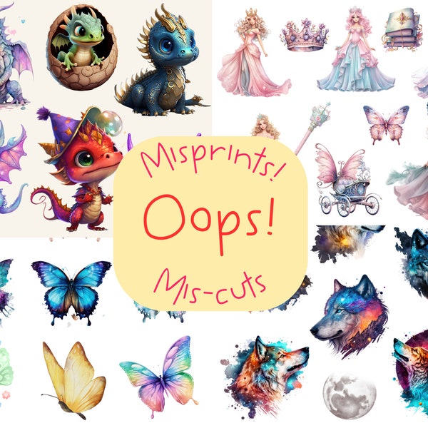 Oops Sticker Sheets with miscuts or misprints.  Stickers are usable and being sold at a discounted price due to cutting or printing errors.