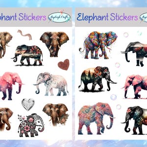 May include: A collection of elephant stickers featuring various artistic designs, including watercolour, floral, and landscape patterns. The sheet includes text that reads Elephant Stickers and Angileigh Crafts, along with several heart-shaped accents.