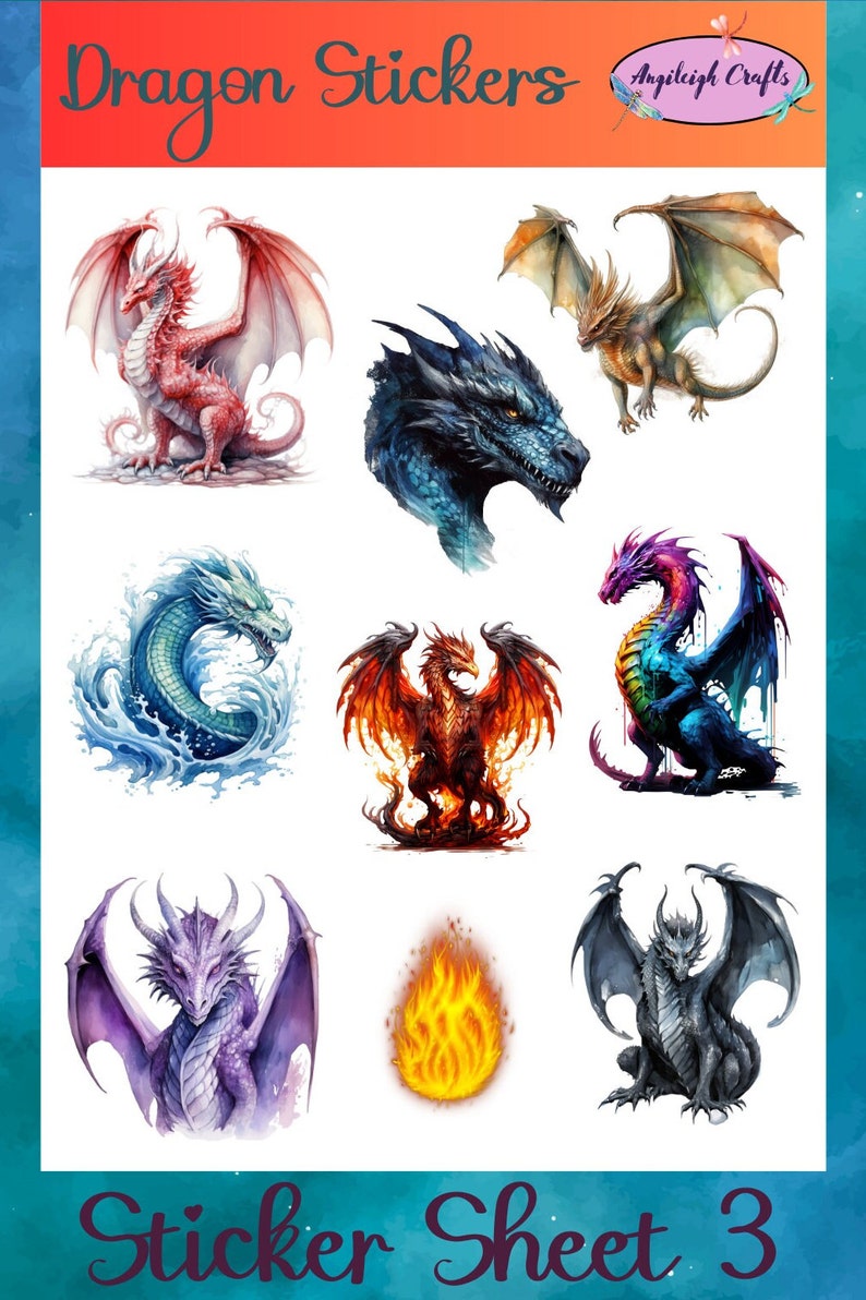 Peut inclure: Une feuille de 9 autocollants de dragons. Les autocollants repr&eacute;sentent des dragons de diff&eacute;rentes couleurs, notamment rouge, bleu, vert, violet et orange. Les dragons sont repr&eacute;sent&eacute;s dans diff&eacute;rentes poses, notamment en train de voler, de nager et de se tenir debout. La feuille d'autocollants est intitul&eacute;e "Dragon Stickers" et "Sticker Sheet 3".