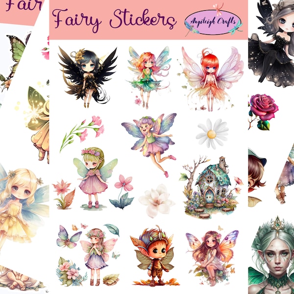 Adorable Fairy Stickers that can be used for scrapbooking, crafting, junk journals, planners, decals, and so many more things.