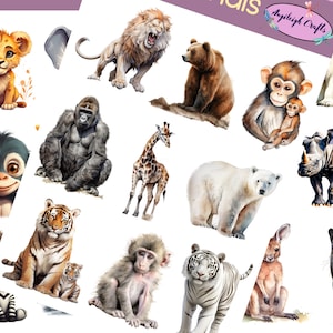 Op de afbeelding: Een set met aquarel-dierillustraties met een leeuw, tijger, zebra, giraffe, aap, gorilla, neushoorn, ijsbeer, kangoeroe en een zwarte panter. De illustraties zijn geschilderd in een realistische stijl met levendige kleuren.
