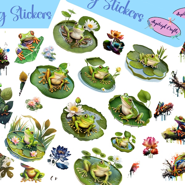 Unique Frog Stickers that can be used for scrapbooking, crafting, junk journals, planners, decals, and so many more things.