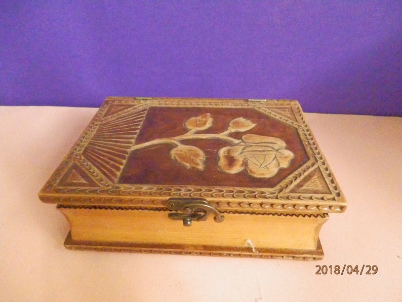 Vintage Hand Carved Toilet Wooden Box Jewelry Box Unique Floral Hand Decorated Box Massive Wooden Box Home Decor Trinket Box With Mirror