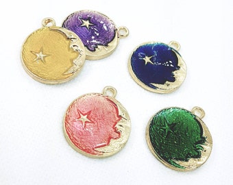 Enamel Crescent Moon and Star Charms: Gold Tone Celestial Pendants