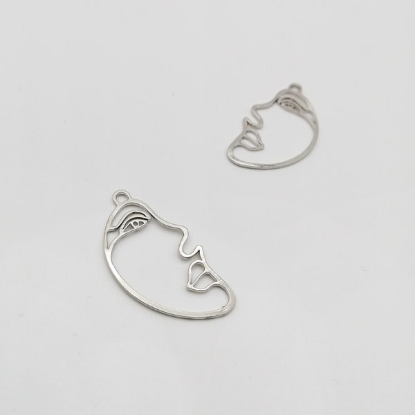 Face Profile Earring Pendants, White Gold Silhouette Earring Charms, 2 Pieces