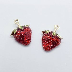 Strawberry Charms, Enamel Fruit Pendants, Jewellery Making Supplies, 2 Pieces