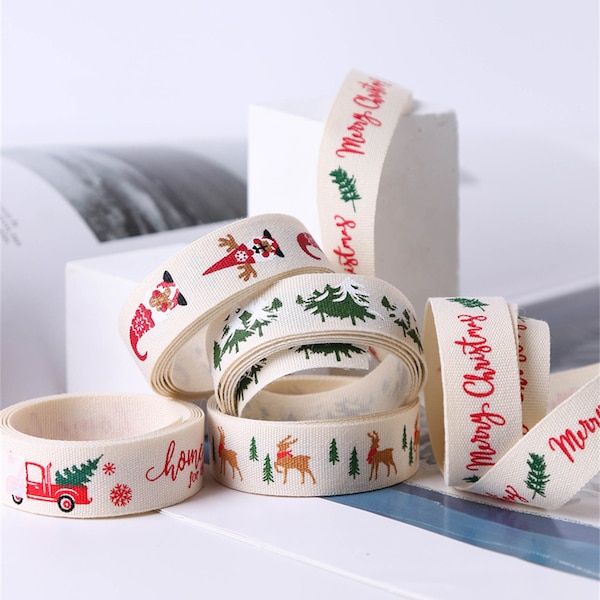 Christmas Scene Ribbon, Cotton Canvas Reindeer Festive Ribbon, 16mm Width