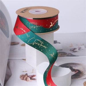 Merry Christmas Ribbon, 25mm Width, Green and Red Festive Ribbon for Christmas Gift Wrapping