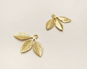 Gold Leaf Charms, French Pendant Charms, Simple Three Leaves Charm, Tree Leaf Charms for Earrings, 4 Pieces