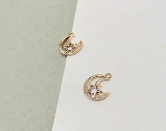 2 in 1 Crystal Gemstone Crescent Moon with Zirconia, Charm in 18k Gold Plate Bezel, Gemstone Charms for Earrings or Necklace Making, 1 Pc