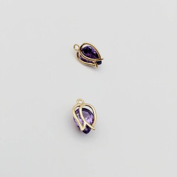 Amethyst Purple Crystal Tulip 2 in 1 Charm, Tulip Flower Pendant with Purple Crystal, 14K Gold Plated Bezel Setting, Statement Piece, 1 Pc