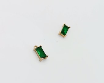 Emerald Cut Green Crystal Charms: 14k Gold Bezel (2 Pieces)