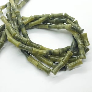 Abalorios de color verde oliva, abalorios de bambú verde, abalorios de piedra natural de tono verde terroso, también conocidos como abalorios de bambú, 12 mm, 1 cuerda