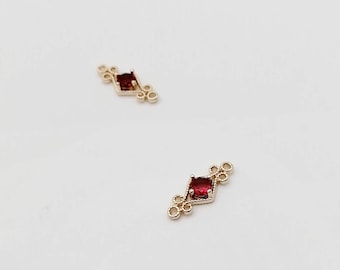 Ruby Red Crystal Connector: 14k Gold Bezel Setting (2 Pieces)