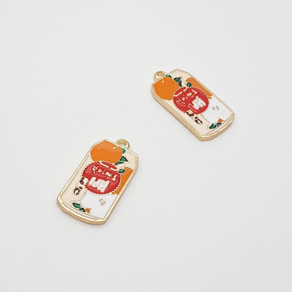 Drinks Can Charms, Novelty Drinks Tin Pendants in Red and Orange Enamel, Fruit Drinks Charms, 2 Pieces