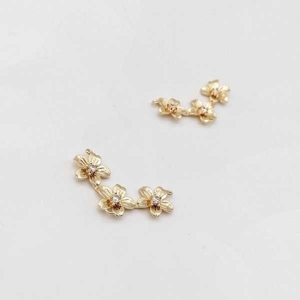 Zirconia & Gold Flower Connectors,  14k Gold Plated Flower Connectors, Cubic Studded Necklace or Earrings Making Connectors, 1 Piece