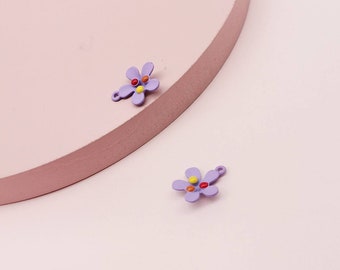 Purple Flower Charms: Painted Brass Bloom Pendants (2Pcs, 15x18mm)