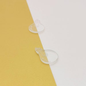 May include: Two clear acrylic lightbulb shaped ornaments. The ornaments are on a yellow and white background.