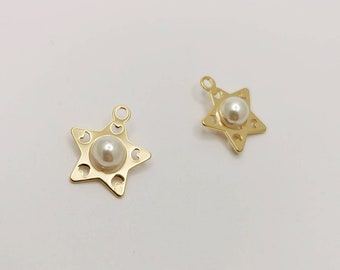 Brass Star Pearl Charms, Star with Pearl Pendant, Faux Pearl Jewelry Making Supplies, 2 Pieces