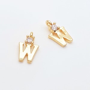 Tiny Letter W Charms with Zircon, Cute Letter Pendant, Initials Pendants, 14K Gold Plated, 2 Pieces