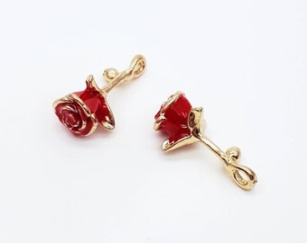 Red Enamel Rose Earring Charms: Golden Alloy Pendants (2 Pieces)