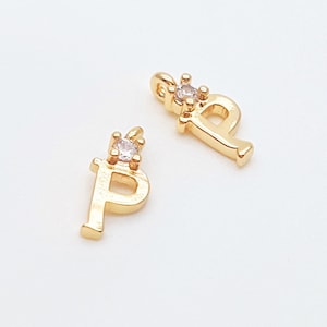 Tiny Letter P Charms with Zircon, Cute Letter Pendant, Initials Pendants, 14K Gold Plated, 2 Pieces