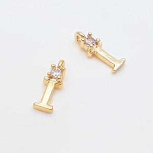 Tiny Letter I Charms with Zircon, Cute Letter Pendant, Initials Pendants, 14K Gold Plated, 2 Pieces