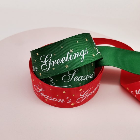 Seasons Greetings Ribbon, Christmas Ribbon, Christmas Gift Wrapping Ribbon,  Red and Green Christmas Ribbon, Premium Ribbon. 