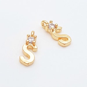 Tiny Letter S Charms with Zircon, Cute Letter Pendant, Initials Pendants, 14K Gold Plated, 2 Pieces