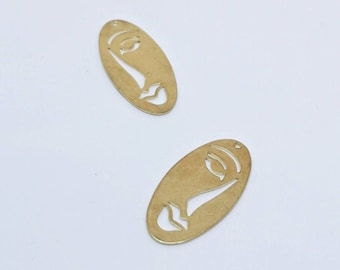 Raw Brass Silhouette Face Earring Charms: Lady Pendants (2 Pieces, 19x38mm)