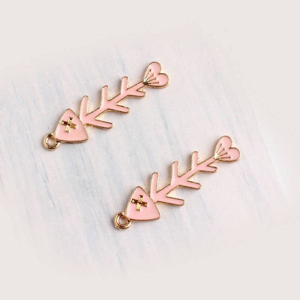 Fish Bone Earring Charms, Pink Enamel Earring Pendants, Jewellery Making Supplies, 4 Pieces