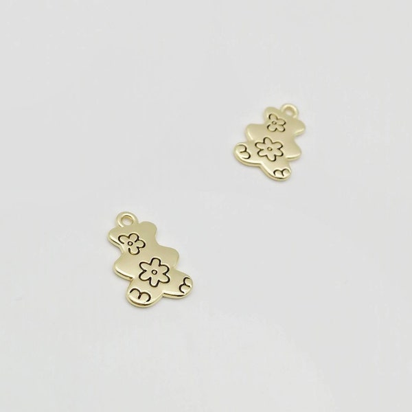 Teddy Bear 2 in 1 Charms, Teddy Pendants with Flower Detail, Cute Teddy Bear Pendants, 2 Pieces.