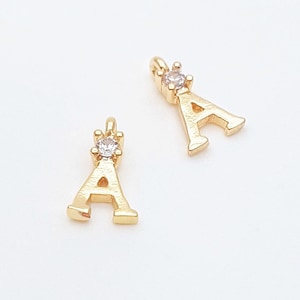 Tiny Letter &#39;A&#39; Charms with Zircon, Cute Letter Pendant, 14K Gold Plated, 2 Pieces