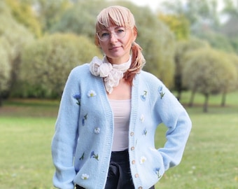 Сustom knitting cardigan with embroidered flowers and flora for woman. Women's handmade soft alpaca wool button-down sweaters with V-neck.