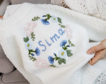 Knitted sweater with baby name, embroidered flowers & flora. Custom personalized hand knit winter clothes, 1st birthday gift for girls, kids
