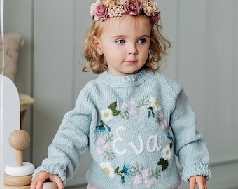 Knitted cotton, merino sweater with baby girl name. Personalized handmade spring jumper with embroidery flower for kids. Gift for Christmas