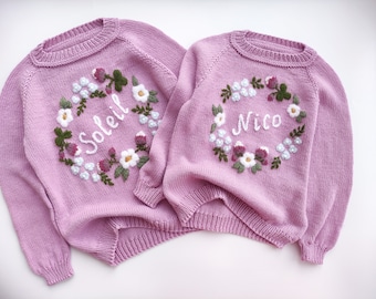 Personalized handmade knitting sweater for baby girls. Spring, summer cotton knitwear with embroidered clover flowers for kids Mumshugsknit