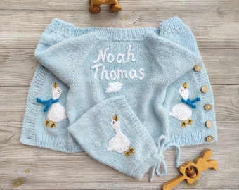 Personalized winter cardigan with baby girl, boy name. Custom handmade knitted soft sweater with embroidery goose for child, kids.