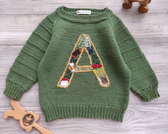 Custom personalized sweater with name baby boy.  Handmade knitted spring, winter cotton, wool pullover with embroidery floral. Mumshugsknit