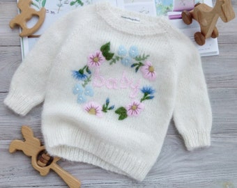 Knitted sweater with baby name, embroidered flowers & flora. Custom personalized hand knit winter clothes, 1st birthday gift for girls, kids