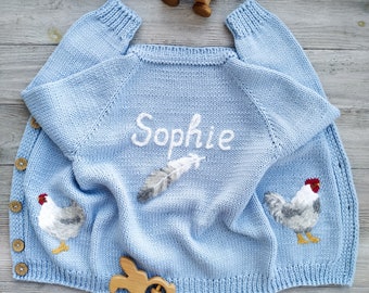 Winter knitted sweater with name baby boys, girls & embroidered chicken rooster, animals. Custom handmade alpaca wool cardigan for kids