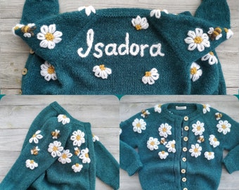 Knitted sweater with baby name, embroidered flowers & bees. Custom personalized spring soft hand knit cardigan  for girls, kids Mumshugsknit