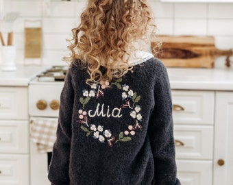 Handmade cardigan with baby name Custom personalized knitted soft knitwear with flower embroidery Gift sweater for kids, girls. Mumshugsknit