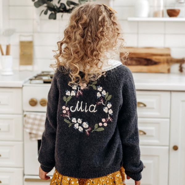 Handmade cardigan with baby name Custom personalized knitted soft knitwear with flower embroidery Gift sweater for kids, girls. Mumshugsknit