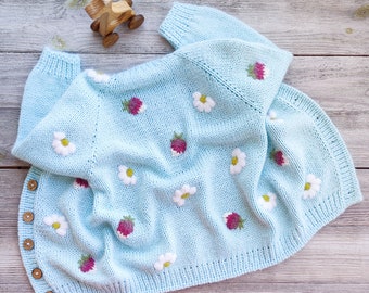 Personalized knitted sweater with embroidered floral for girls, kids baby. Custom handmade winter, spring, cardigan. Gift for 1st birthday.